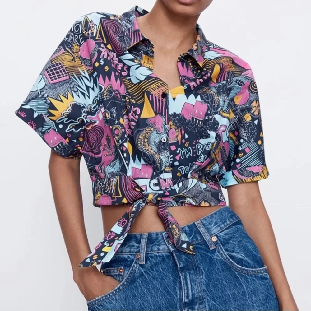 Zara Cropped Tie Front Graphic Button Down Shirt sz S - Picture 1 of 9